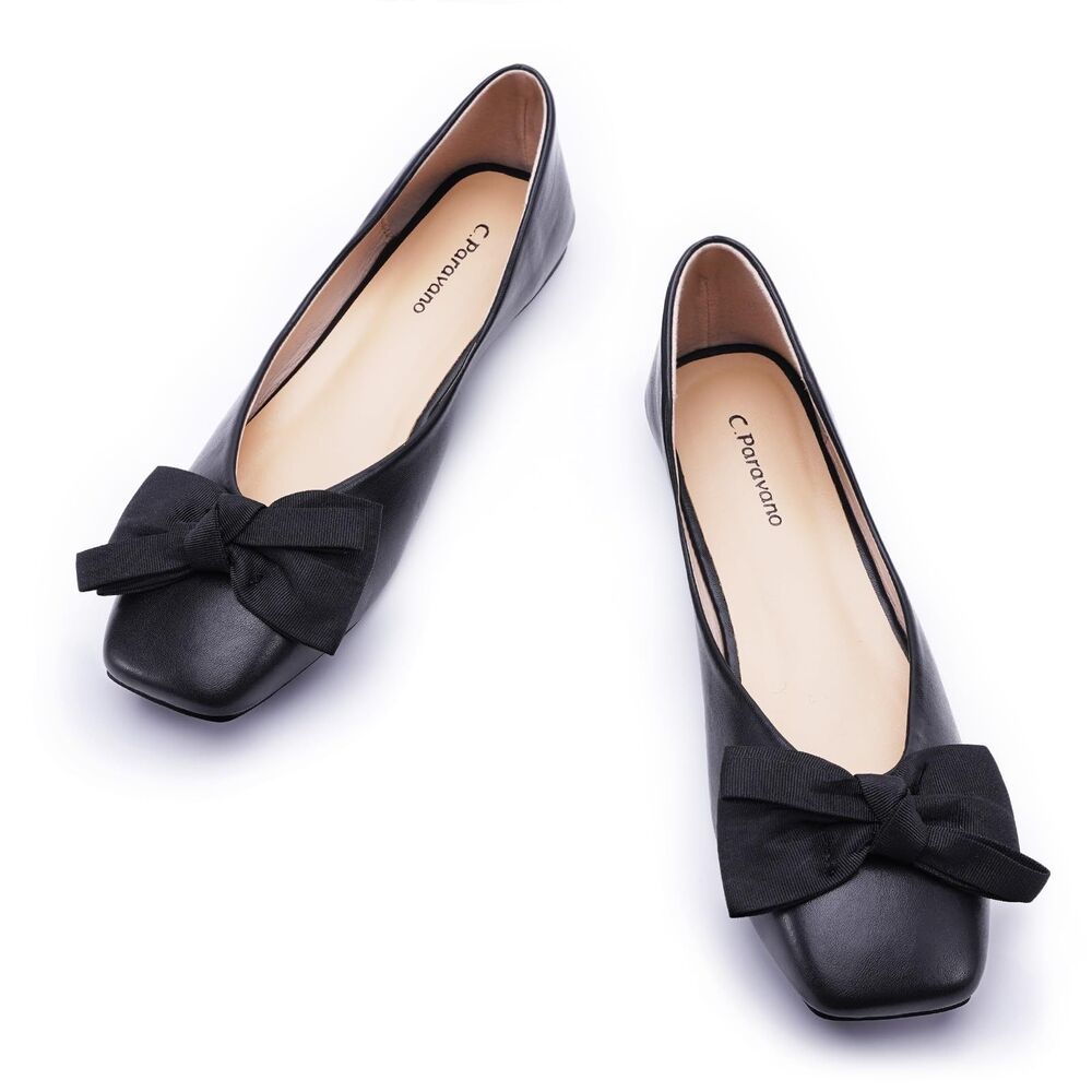 C. Paravano Women’s Black Leather Square Toe Bow Slip-On Ballet Flats EU 40.5